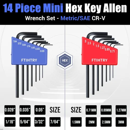 Miniatura 2 de FTIHTRY Juego de 14 piezas de llaves hexagonales Allen Mini, métrica (0.7-3 mm) y SAE (0.028-7/64"), Acero Cromo Vanadio