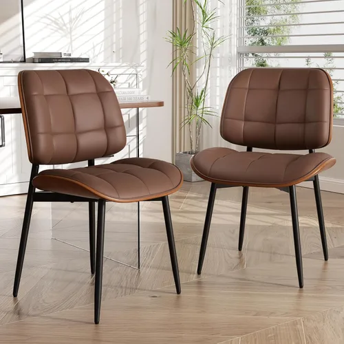 Miniatura 38 de Silla de comedor, moderna de mediados de siglo con cojín grueso, sillas de cocina tapizadas de piel sintética con respaldo de madera curvada de Beige