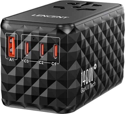 Miniatura 7 de LENCENT Adaptador de viaje universal de 120 W, adaptador de viaje internacional GaN con 3 puertos USB-C 1 USB-A, cargador rápido mundial para Negro
