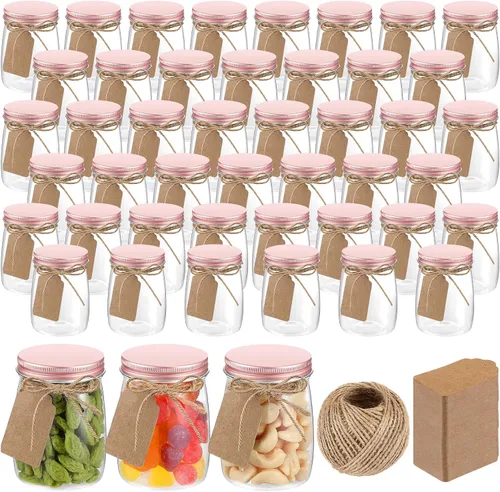 Miniatura 10 de Nitial Paquete de 50 tarros de plástico de 5 onzas con tapas, recipientes de yogur a granel con tapas, tarros de regalo con cordel de bricolaje