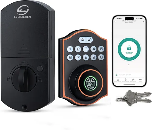 Miniatura 10 de Cerradura inteligente de puerta de huellas dactilares, cerrojo de entrada sin llave con teclado electrónico, control de aplicación Bluetooth, Negro