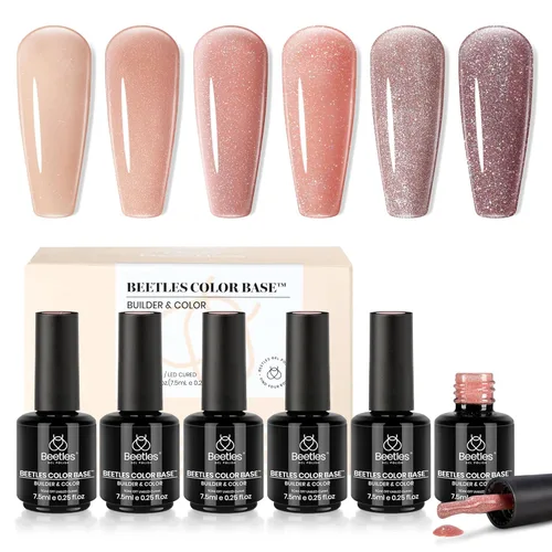 Miniatura 16 de Beetles - Esmalte de uñas de gel con base de goma, 6 colores nude, esmalte de gel rosa, melocotón, neutro, transparente, francesa, colores base