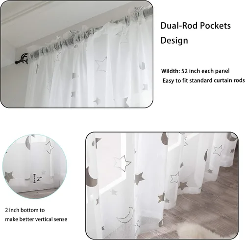 Miniatura 4 de Cortinas Transparentes con Estampado de Lámina Plateada de Luna y Estrellas para Habitación de Niñas - Cortinas de Ventana con Bolsillo