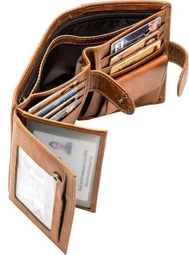 Miniatura 5 de POKOFO Gran RFID Cuero Genuino Tarjetero Trifold Wallet Snap Cierre 3 ID Windows para los hombres