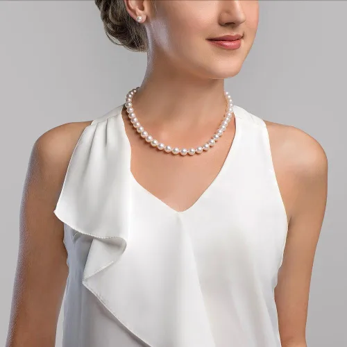 Miniatura 3 de The Pearl Source Juego de collar y aretes redondos de oro de 14 quilates de 9 a 0.394in, calidad AAAA, color blanco cultivado en agua dulce en 17