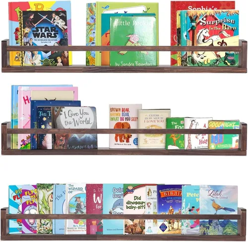 Miniatura 25 de AZSKY Estantes clásicos para libros de guardería, estantes flotantes de madera negra, estantería de pared para decoración de baño, cocina, especias