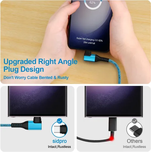 Miniatura 4 de Cable de carga USB C tipo C, cable de carga rápida, paquete de 2 cables de alimentación de teléfono Android de 6 pies en ángulo recto para Samsung