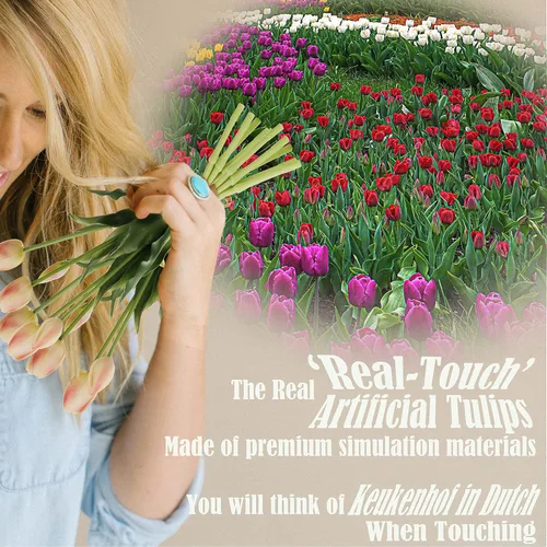 Miniatura 5 de 20 flores de tulipán artificiales, tallos de tulipán de tacto real de 16 pulgadas con hojas sintéticas, tulipanes y capullos sintéticos para Champán