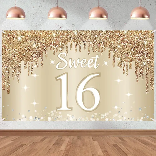 Miniatura 8 de Cartel de feliz cumpleaños 15 para niñas, decoración de fondo de cumpleaños dorado y blanco con texto en inglés "Sweet 15", póster de fondo