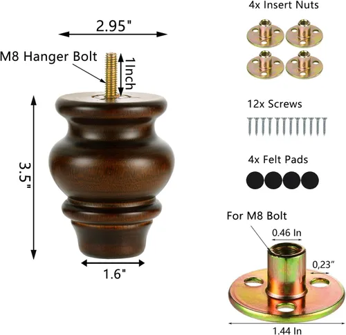 Miniatura 5 de Michanco Juego de 4 patas de madera para muebles de 3 pulgadas, patas de repuesto para sofá otomano Antiguo de 3 pulgadas