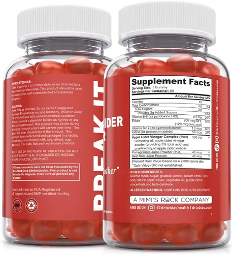 Miniatura 5 de Dr. Tobias Gomitas de vinagre de sidra de manzana con la madre, 500 mg de ACV por porción, más folato, B6, B12 y yodo Apoya la limpieza intestinal