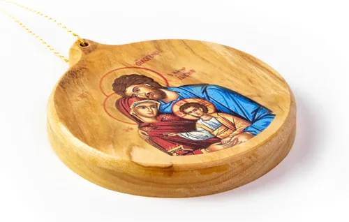 Miniatura 4 de Adornos de Navidad católicos – Sagrada Familia Bizantina Icono Redondo Adornos de Madera de Olivo de Tierra Santa – Pequeños adornos de Navidad