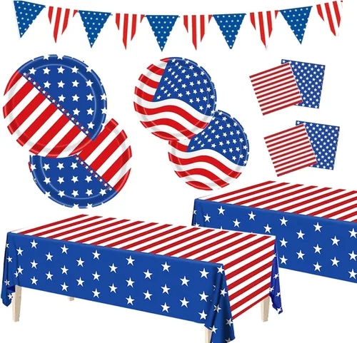 Suministros de fiesta patriótica, juegos de decoración de fiesta patriótica de bandera americana, platos y servilletas de papel del 4 de julio,