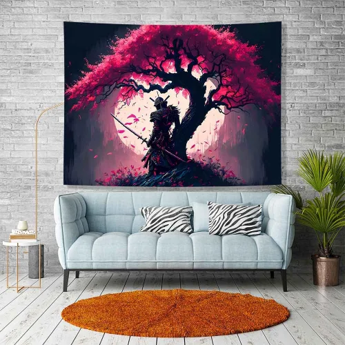 Ine Ive GTDWIE0297 - Tapiz samurái japonés para estética de dormitorio, luna llena, árbol de cerezo, 40 x 30 pulgadas, arte japonés para dormitorio,
