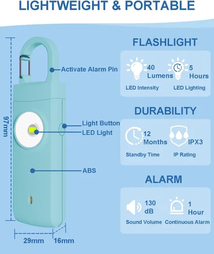 Miniatura 5 de Alarma de seguridad personal recargable para mujeres, sonido de sirena fuerte, luz LED estroboscópica SOS, carga USB, llavero de alarma personal Agua