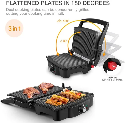 Miniatura 5 de Panini Maker, ISILER - Parrilla de prensa Panini de 2 rebanadas, sándwiches eléctricos antiadherentes, abre 180 grados para cocinar aperitivos