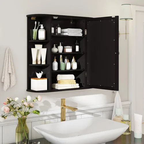 Miniatura 2 de Tangkula Botiquín de baño con espejo, almacenamiento para el hogar montado en la pared con puerta y 6 estantes abiertos, estantes ajustables, Negro