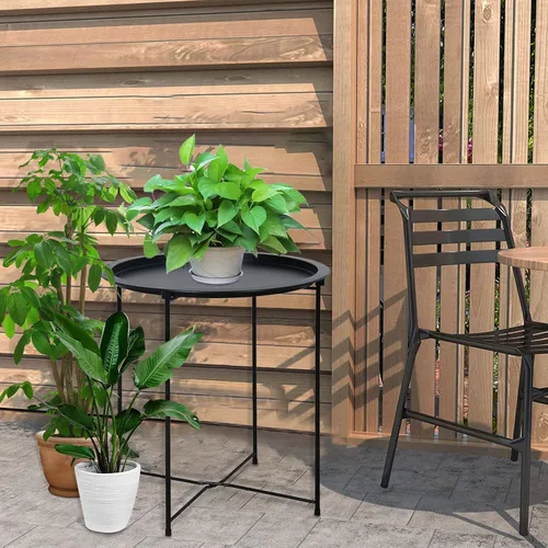 Miniatura 8 de Garden 4 you - Mesa auxiliar de metal negra redonda plegable con bandeja cian, mesa auxiliar redonda, para poner al lado del sofá, mesa