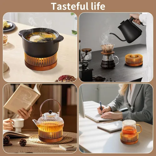 Miniatura 3 de Calderín de tetera, calentador de té de aluminio con base de madera, calentador de vela para calentar té, café, leche, alimentos, camping y viajes