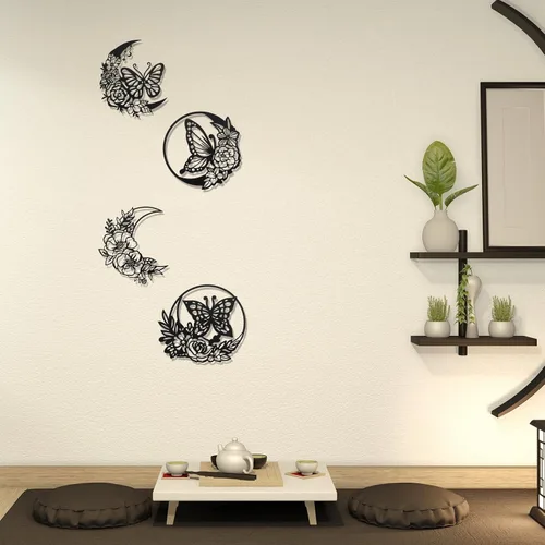 Miniatura 7 de Photect 4 piezas de decoración de pared de metal de mariposa, decoración de pared de mariposas, fases lunares, hojas de flores, arte floral