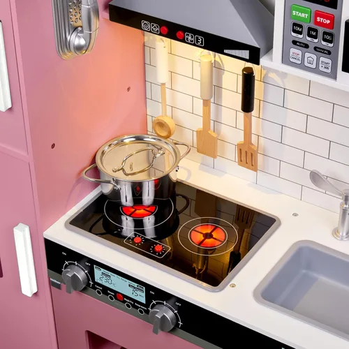Miniatura 9 de Lil' Jumbl Juego de cocina rosa para niños, cocina de juego de madera de simulación, máquina de hielo a pilas, microondas, campana extractora