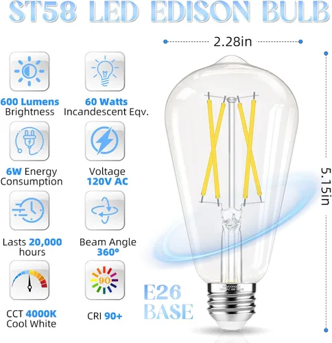 Miniatura 2 de GvvooHome Bombillas LED Edison, bombilla E26 equivalente a 60 vatios, no regulable, blanco frío 4000 K, bombillas vintage ST58, 90+ CRI, 6 W 600 LM