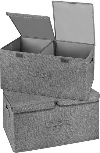 Paquete de 2 cajas de almacenamiento grandes con tapas y asas, contenedores organizadores plegables de lino, canastas con divisor extraíble para el