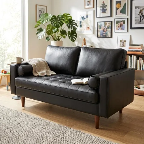 Miniatura 5 de Container Furniture Direct Womble Mid Century Modern Couch with Bolster Pillows, PU Leather Upholstered Tufted Seat, Versatile Retro Design for