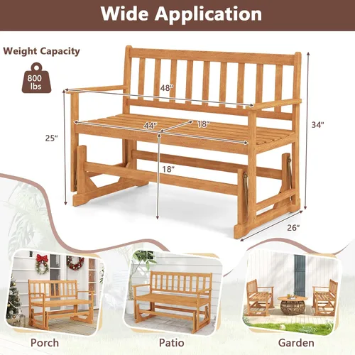 Miniatura 3 de Tangkula Banco planeador de madera de acacia para 2 personas, resistente 800 libras, sofá biplaza mecedora para patio con asiento y respaldo