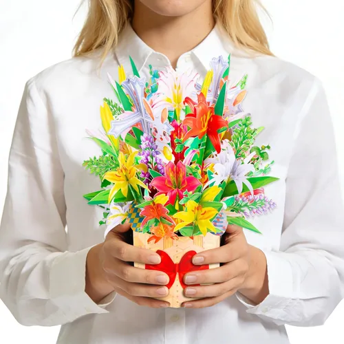 GREETING ART Tarjeta desplegable de Pascua, diseño de ramo de conejo de cruz de lirio colorido 3D, tarjetas de felicitación de ramo de Pascua 3D,