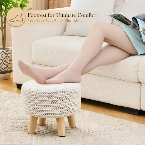 Miniatura 5 de Taburete otomano redondo de punto de algodón moderno reposapiés otomano con patas de madera antideslizantes para sala de estar, dormitorio