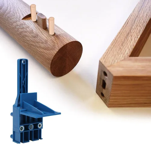 Miniatura 8 de Joyzan Guía de taladro de agujero de clavija de madera, kit de perforación de plantilla de clavija de mano, autocentrado, bolsillo recto, sierra Azul