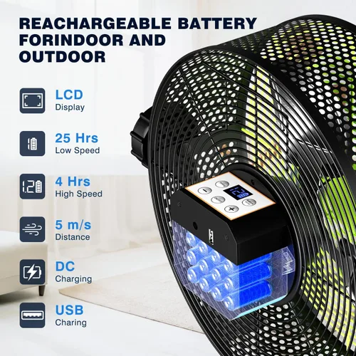 Miniatura 3 de Ventilador de piso recargable portátil de 10 pulgadas, ventilador silencioso de metal con pilas, tiempo de funcionamiento 24 horas, 12 velocidades