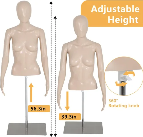 Miniatura 5 de Maniquí de costura femenino de 39 a 56 pulgadas, maniquí de medio cuerpo ajustable con base de metal, soporte de maniquí para ropa de exhibición