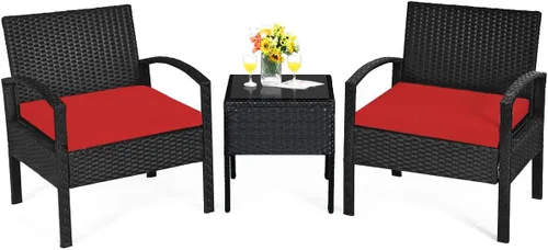Miniatura 10 de Tangkula Juego de 3 piezas para conversación de patio, juego de sofá de ratán al aire libre con cojines de asiento y mesa auxiliar, juego de muebles