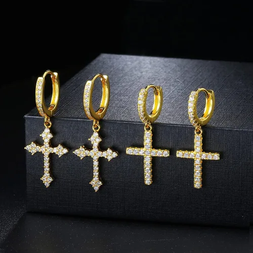 Miniatura 5 de 2 pares de aretes de cruz para hombre, chapados en oro de 14 quilates, colgantes, clásicos, pequeños 5A+, circonita cúbica pavimentada, aretes