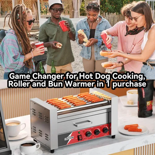 Miniatura 5 de CROSSON Hot Dog 7 Rodillos con Calentador de Pan, Máquina Comercial de Cocina con Asador Giratorio Antiadherente 7 en 304, Parrilla Eléctrica