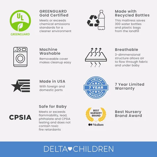Miniatura 8 de Delta Children Twinkle Stars - Colchón para cuna y niños pequeños con funda transpirable y extraíble lavable a máquina, GREENGUARD Gold, cama