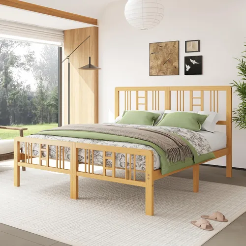 Miniatura 11 de Marco de cama de madera de bambú de 12 pulgadas con cabecero y estribo, marco de cama con soporte de listones de metal, resistente, no necesita