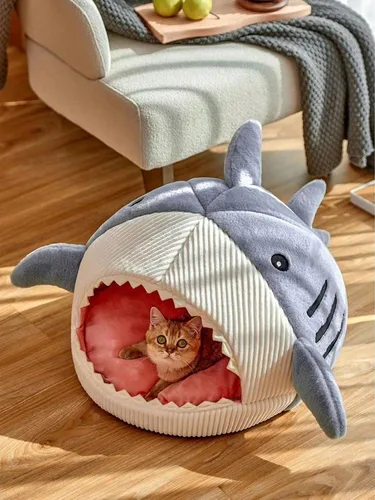 Miniatura 2 de QWINEE Cama para Gatos en Forma de Tiburón, Cama para Gatitos, Refugio, Casa Cálida, Suave, Cómoda, Semicerrada, Azul, Talla L