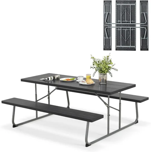 Miniatura 15 de Tangkula Mesa de picnic plegable de 6 pies, mesa de picnic al aire libre con 2 bancos integrados, agujero para paraguas, marco de metal y mesa