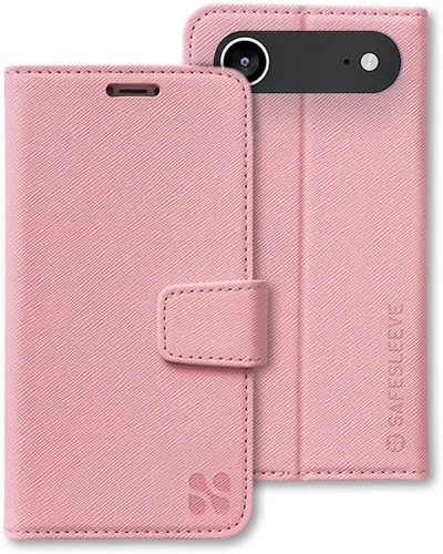 Miniatura 31 de SafeSleeve Funda de piel tipo cartera desmontable para iPhone 14 con bloqueador EMF para teléfono celular con 3 tarjeteros y soporte ajustable