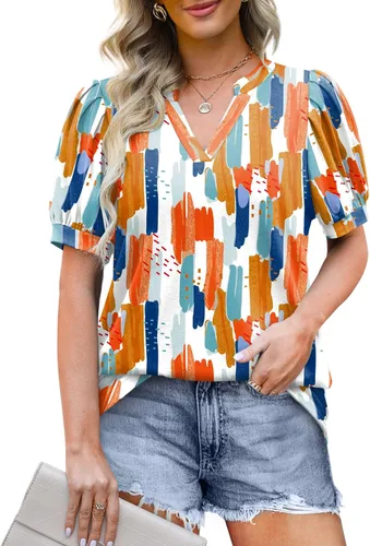 Miniatura 3 de OFEEFAN Blusas plisadas de manga abombada para mujer, cuello en V, holgadas, elegantes, casuales, S-3XL