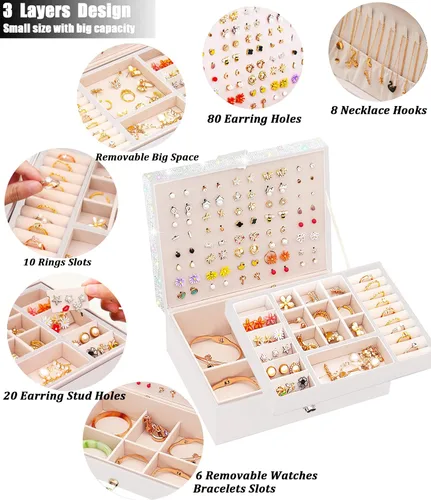 Miniatura 2 de QBestry Organizador de aretes de tuerca para niñas, caja organizadora de joyas, caja de aretes para niñas, caja de joyería para niñas, organizador