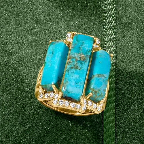 Miniatura 5 de Ross-Simons Anillo turquesa y topacio blanco de 0.80 quilates en oro de 18 quilates sobre plata esterlina, Gema, turquesa estabilizada