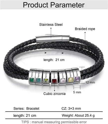 Miniatura 41 de Pulsera personalizada para el Día del Padre para hombre, pulseras personalizadas de cuero trenzado negro con cuentas grabadas de 1 a 8 nombres