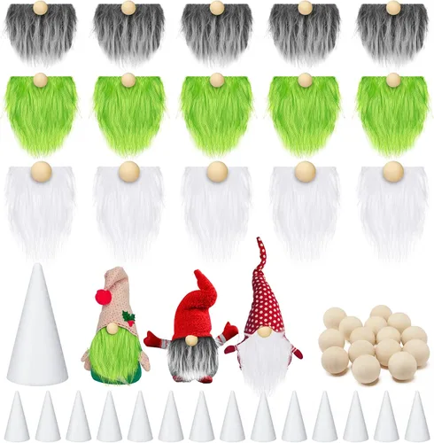 60 piezas de conjuntos de barba de gnomo, barba de gnomo de piel sintética precortada, cono de espuma, espuma hecha a mano, bolas de madera para