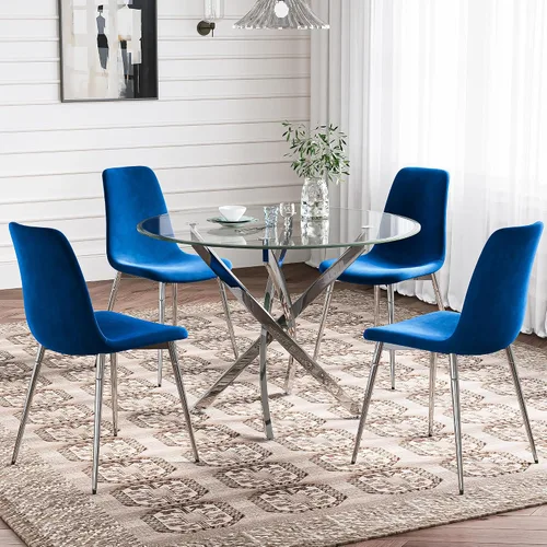 Miniatura 26 de Juego de mesa de comedor de cristal para 4, juego de mesa de cocina redonda dorada de 5 piezas con 4 sillas tapizadas negras, mesa de comedor