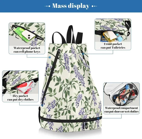 Miniatura 4 de Vintage Wisteria Flower Retro Drawstring beach bag trendy Swimming bag for gym with Wet Dry Compartments bolso para laptop mujer