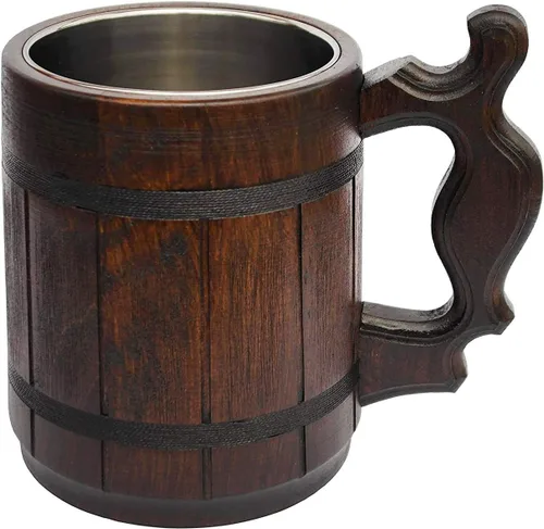 Taza de madera hecha a mano de 20 onzas, taza de acero inoxidable tallada de cerveza natural, color marrón antiguo, taza de cerveza tallada en